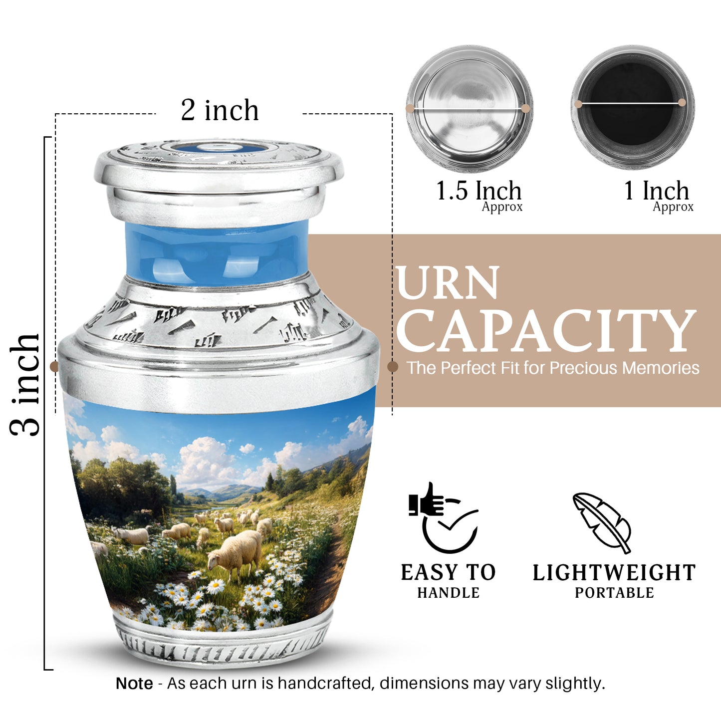 Sky Blue Daisy Cremation Urn top-down view of secure threaded lid - contemporary daisy design with modern artistic flair - mini keepsake memorial for portion of cremation ashes