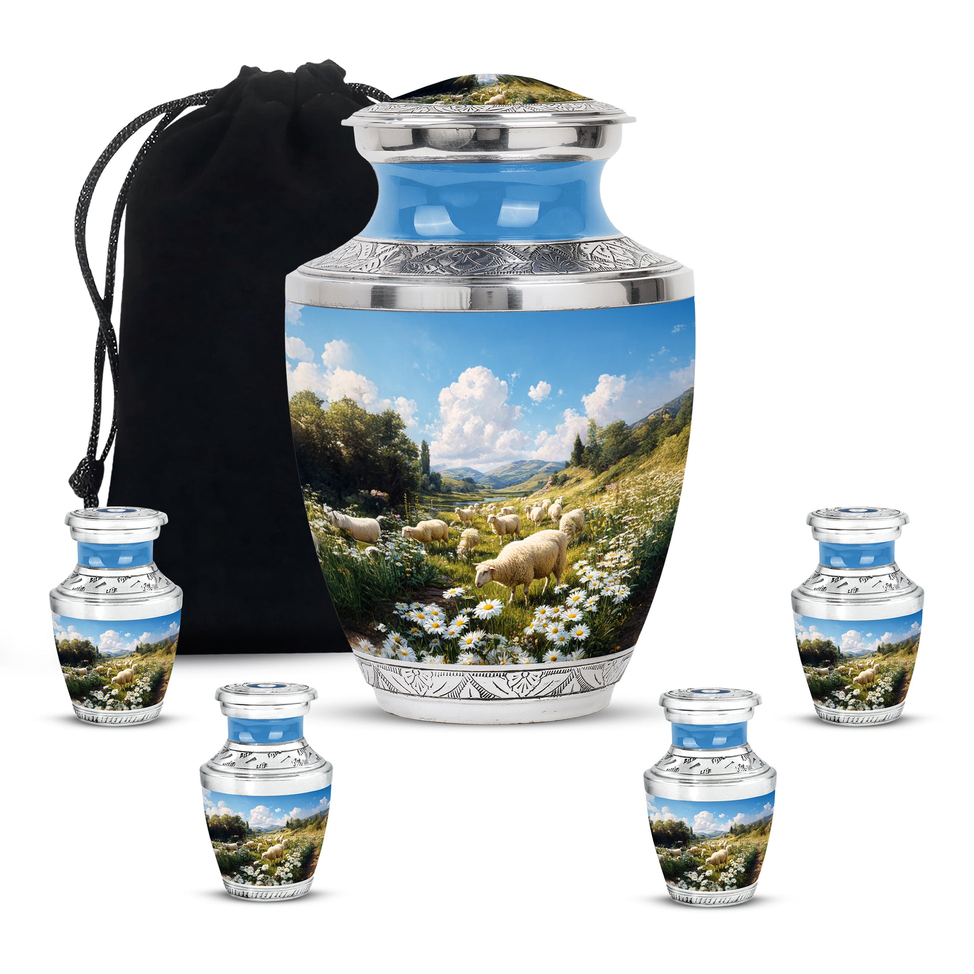 Navy Blue Daisy Cremation Urn lifestyle display on memorial shelf - modern art-inspired daisy motif on sleek aluminum - memorial set with one large and four small urns