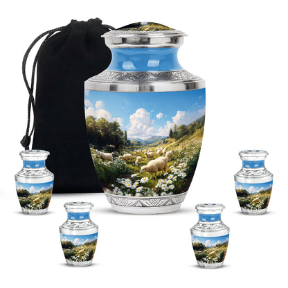 Navy Blue Daisy Cremation Urn lifestyle display on memorial shelf - modern art-inspired daisy motif on sleek aluminum - memorial set with one large and four small urns