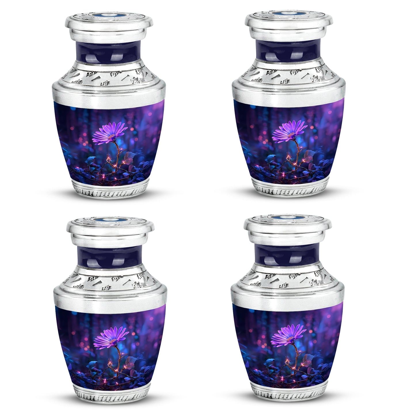 Sapphire Blue Daisy Cremation Urn back view with polished surface - artistic daisy interpretation with creative detail - 10 inch aluminum urn for cremated remains