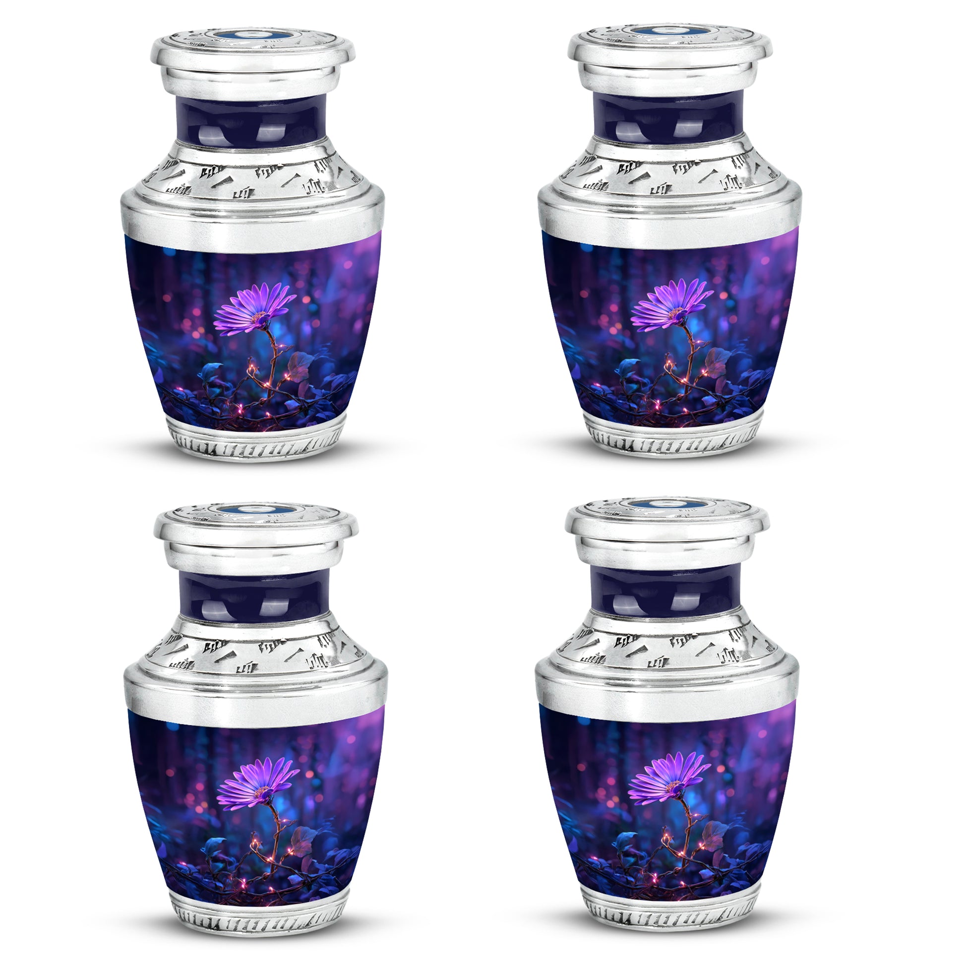 Sapphire Blue Daisy Cremation Urn back view with polished surface - artistic daisy interpretation with creative detail - 10 inch aluminum urn for cremated remains