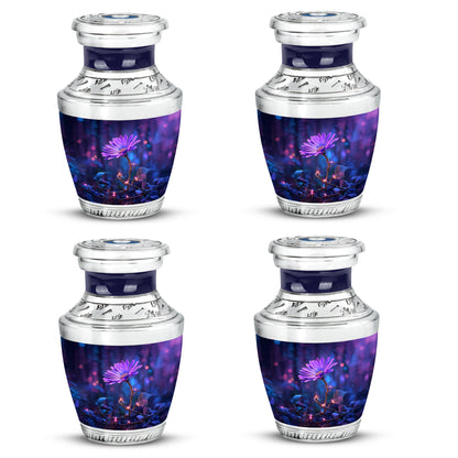 Sapphire Blue Daisy Cremation Urn back view with polished surface - artistic daisy interpretation with creative detail - 10 inch aluminum urn for cremated remains