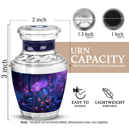 Navy Blue Daisy Cremation Urn top-down view of secure threaded lid - modern art-inspired daisy motif on sleek aluminum - mini keepsake memorial for portion of cremation ashes