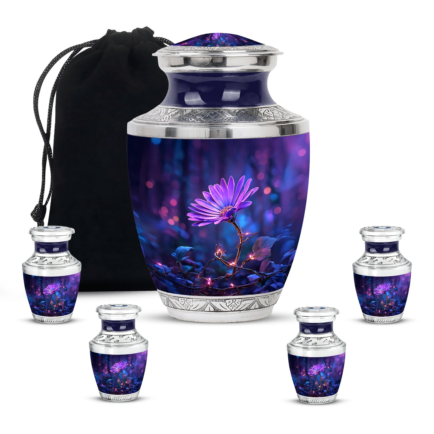Slate Blue Daisy Cremation Urn lifestyle display on memorial shelf - contemporary daisy design with modern artistic flair - memorial set with one large and four small urns