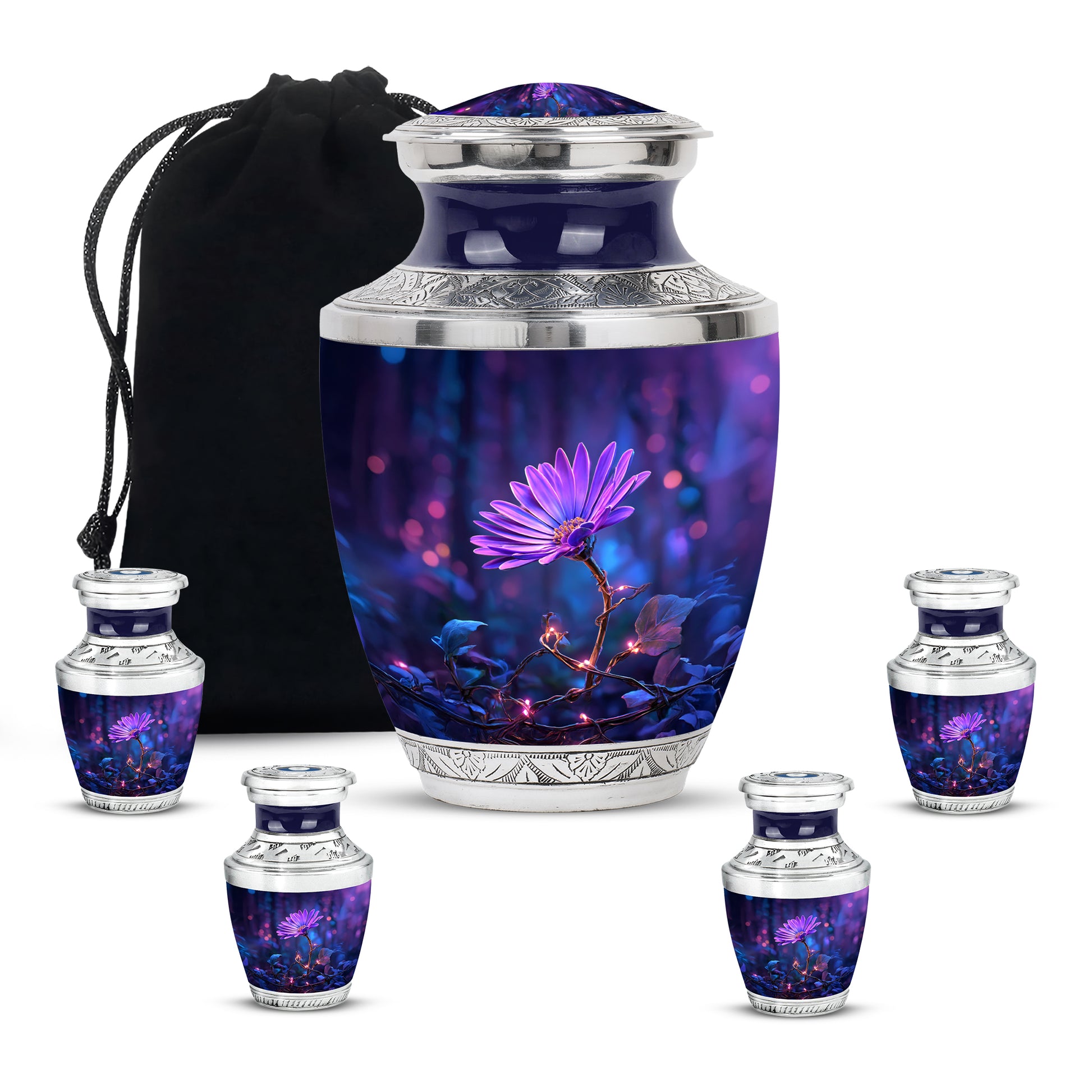 Slate Blue Daisy Cremation Urn lifestyle display on memorial shelf - contemporary daisy design with modern artistic flair - memorial set with one large and four small urns