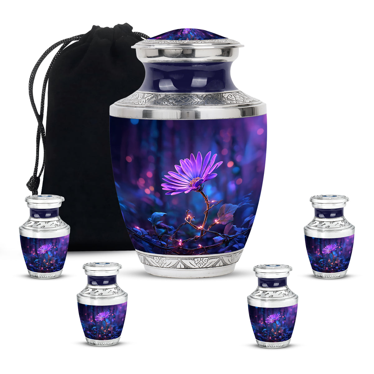 Slate Blue Daisy Cremation Urn lifestyle display on memorial shelf - contemporary daisy design with modern artistic flair - memorial set with one large and four small urns