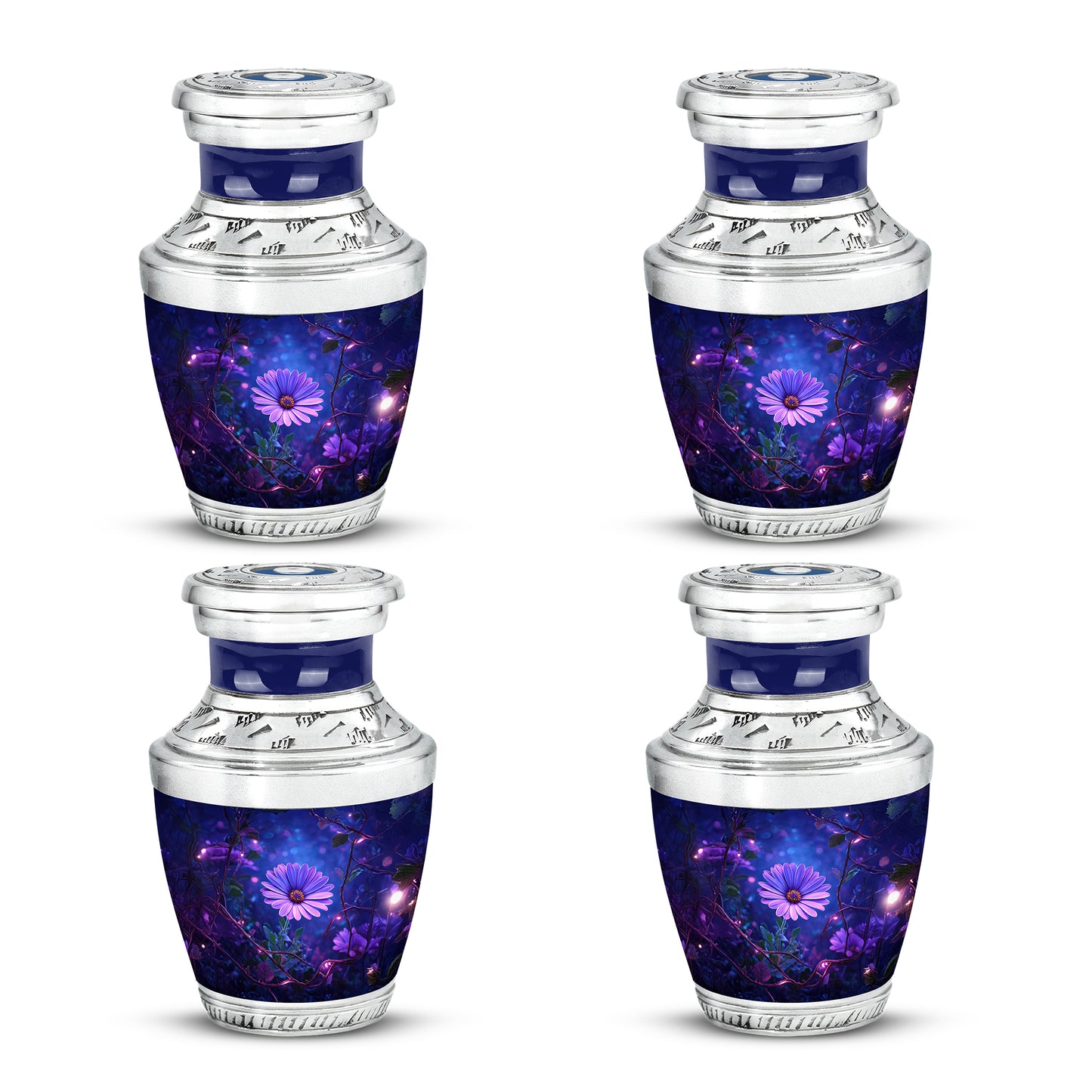 Soft Blue Daisy Cremation Urn back view with polished surface - stylized abstract daisy pattern with bold lines - 10 inch aluminum urn for cremated remains