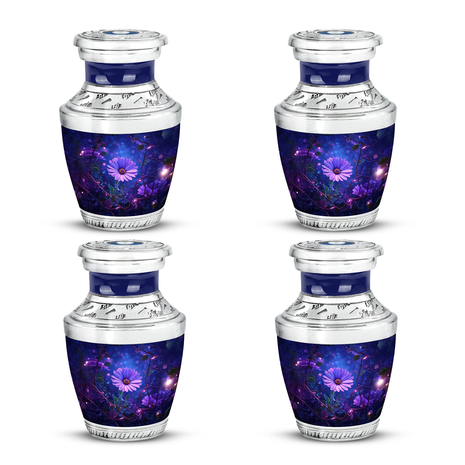 Soft Blue Daisy Cremation Urn back view with polished surface - stylized abstract daisy pattern with bold lines - 10 inch aluminum urn for cremated remains