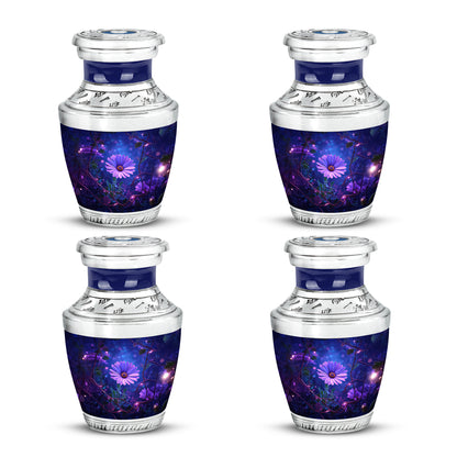 Soft Blue Daisy Cremation Urn back view with polished surface - stylized abstract daisy pattern with bold lines - 10 inch aluminum urn for cremated remains