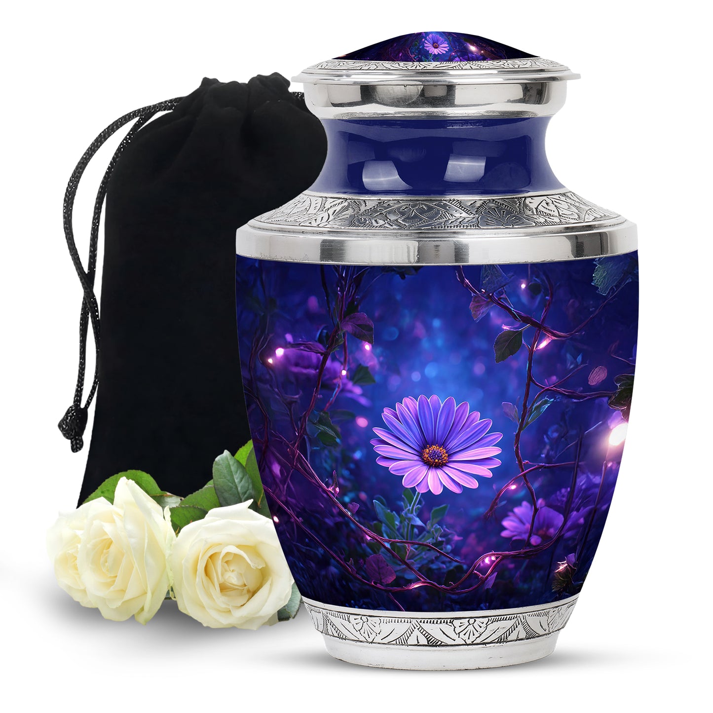 Slate Blue Daisy Cremation Urn side profile showing urn shape - contemporary daisy design with modern artistic flair - full-size 10 inch 200 cubic inch adult cremation urn