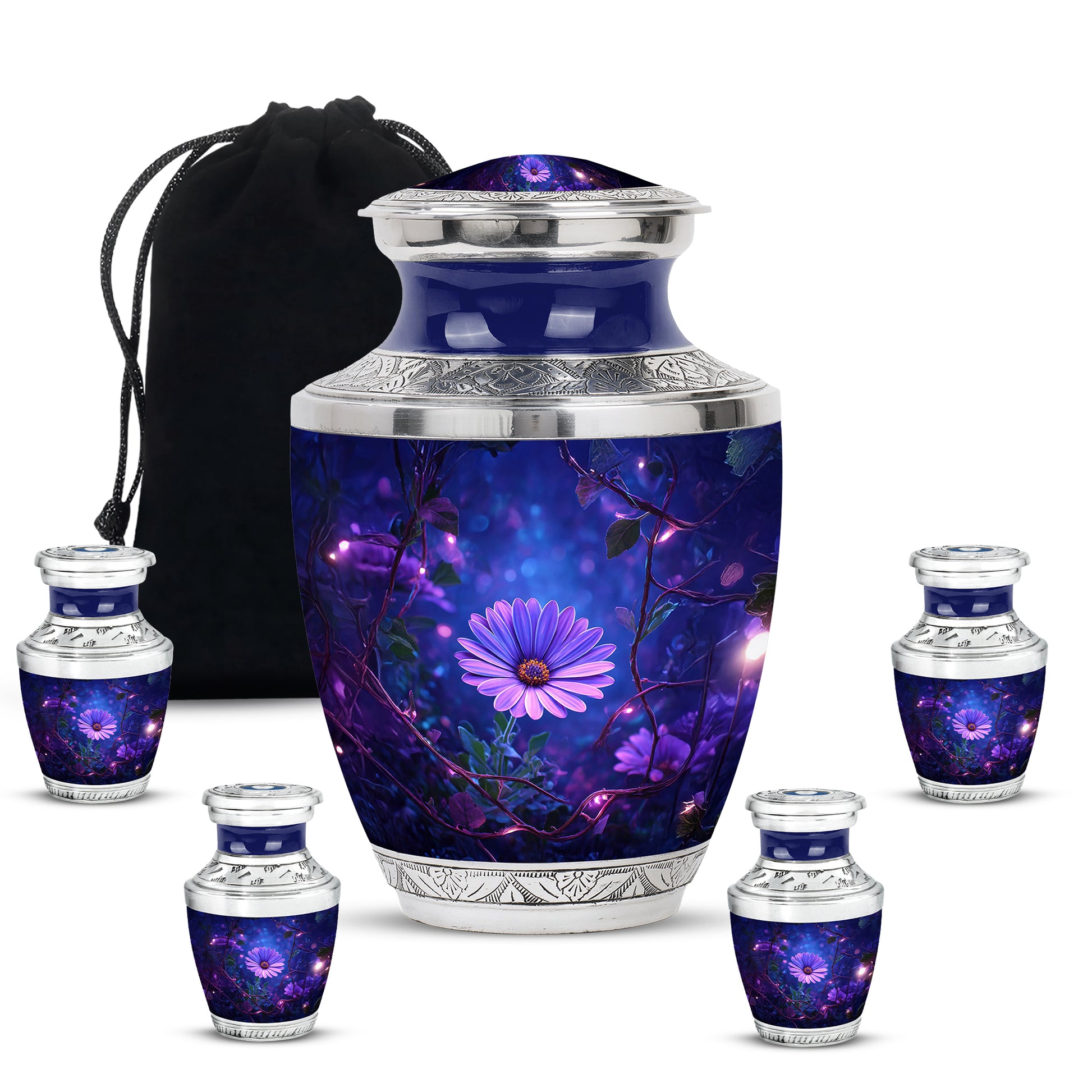 Powder Blue Daisy Cremation Urn lifestyle display on memorial shelf - modern art-inspired daisy motif on sleek aluminum - memorial set with one large and four small urns