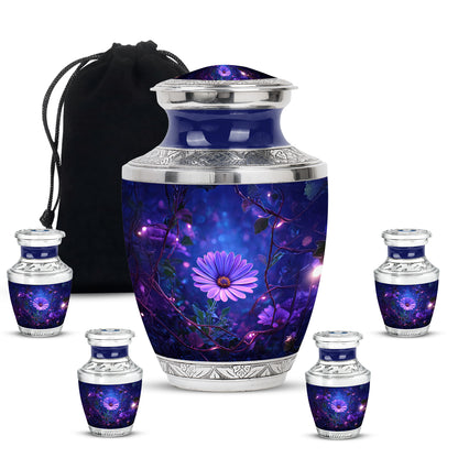 Powder Blue Daisy Cremation Urn lifestyle display on memorial shelf - modern art-inspired daisy motif on sleek aluminum - memorial set with one large and four small urns