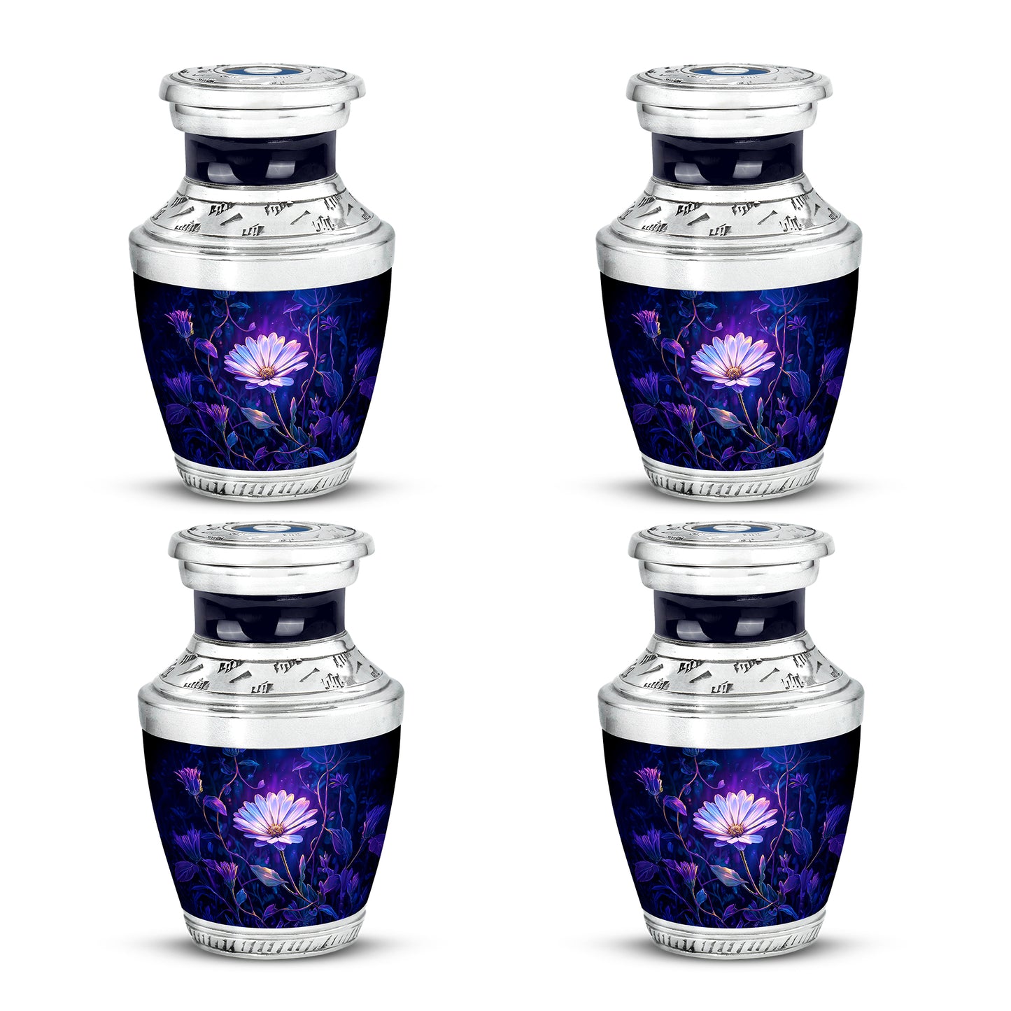 Bright Blue Daisy Cremation Urn back view with polished surface - stylized abstract daisy pattern with bold lines - 10 inch aluminum urn for cremated remains