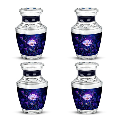 Bright Blue Daisy Cremation Urn back view with polished surface - stylized abstract daisy pattern with bold lines - 10 inch aluminum urn for cremated remains