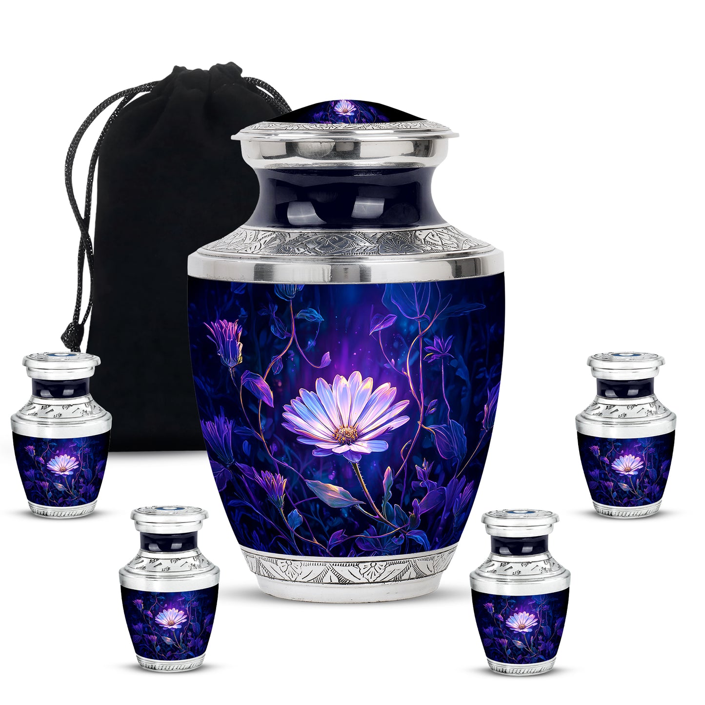 Soft Blue Daisy Cremation Urn lifestyle display on memorial shelf - stylized abstract daisy pattern with bold lines - memorial set with one large and four small urns