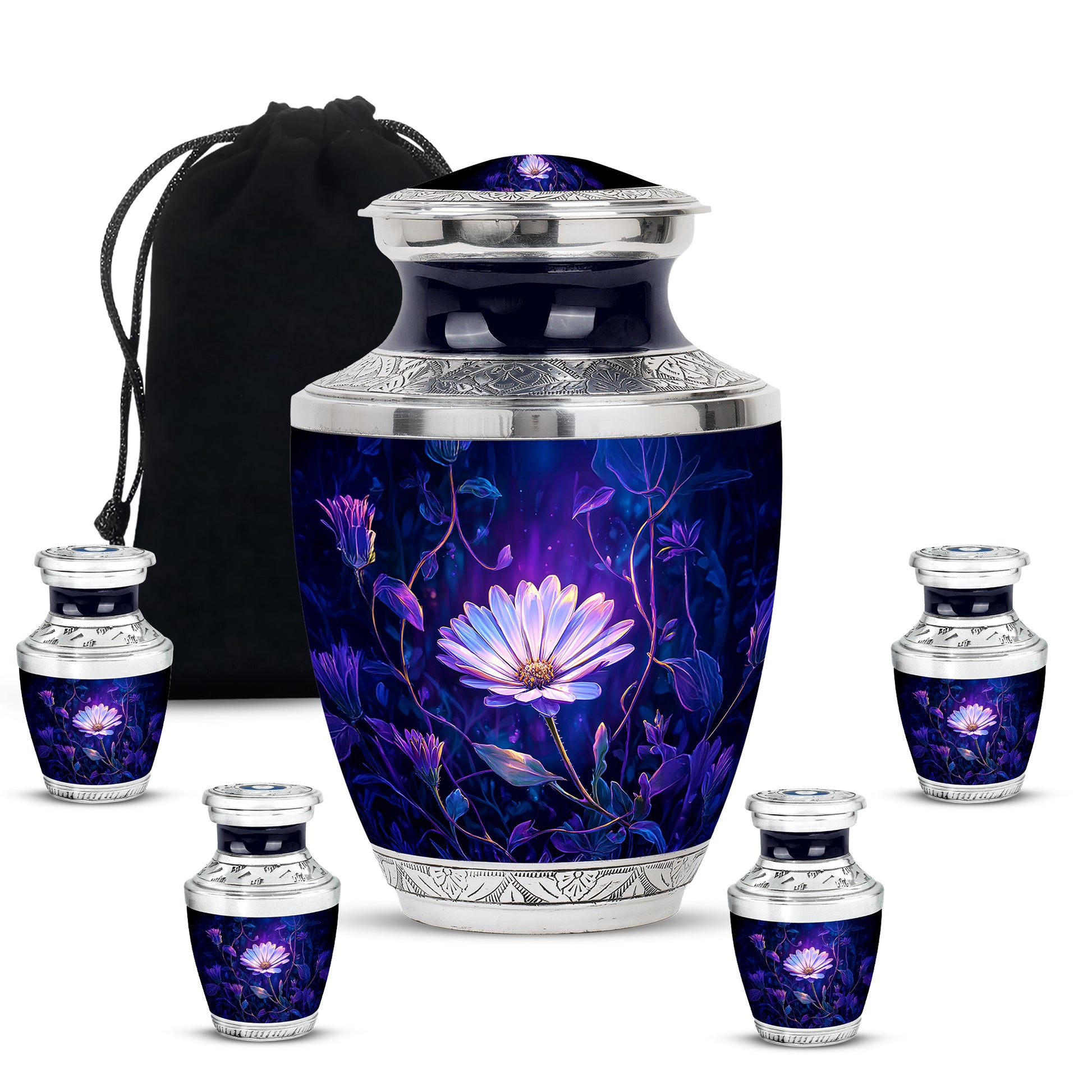Soft Blue Daisy Cremation Urn lifestyle display on memorial shelf - stylized abstract daisy pattern with bold lines - memorial set with one large and four small urns
