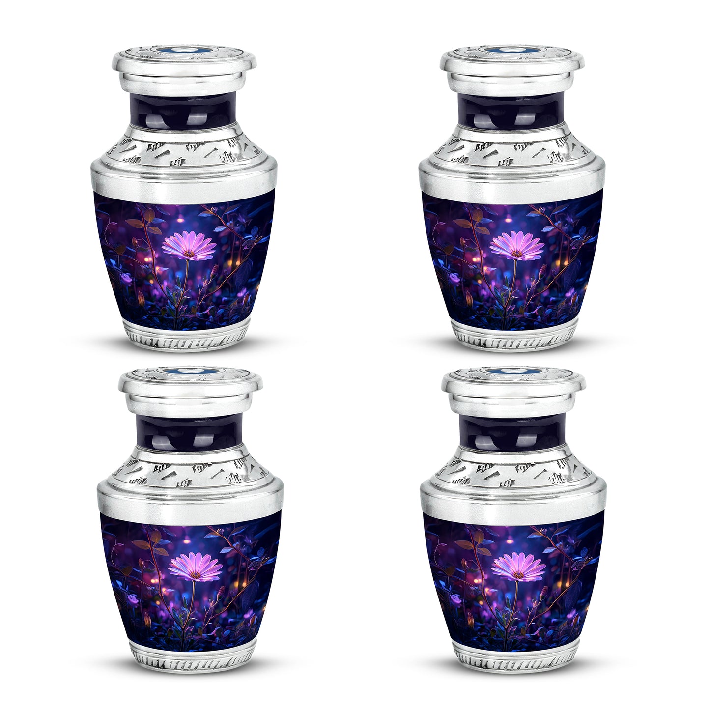 Cornflower Blue Daisy Cremation Urn back view with polished surface - artistic daisy interpretation with creative detail - 10 inch aluminum urn for cremated remains