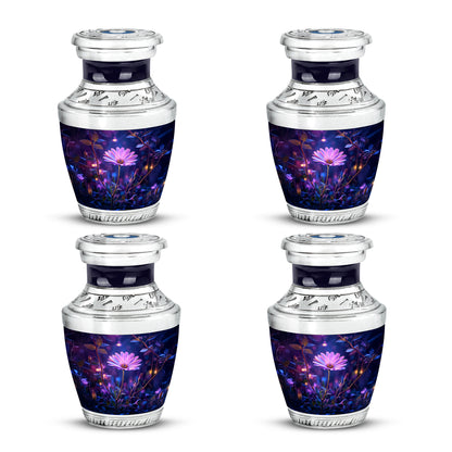 Cornflower Blue Daisy Cremation Urn back view with polished surface - artistic daisy interpretation with creative detail - 10 inch aluminum urn for cremated remains
