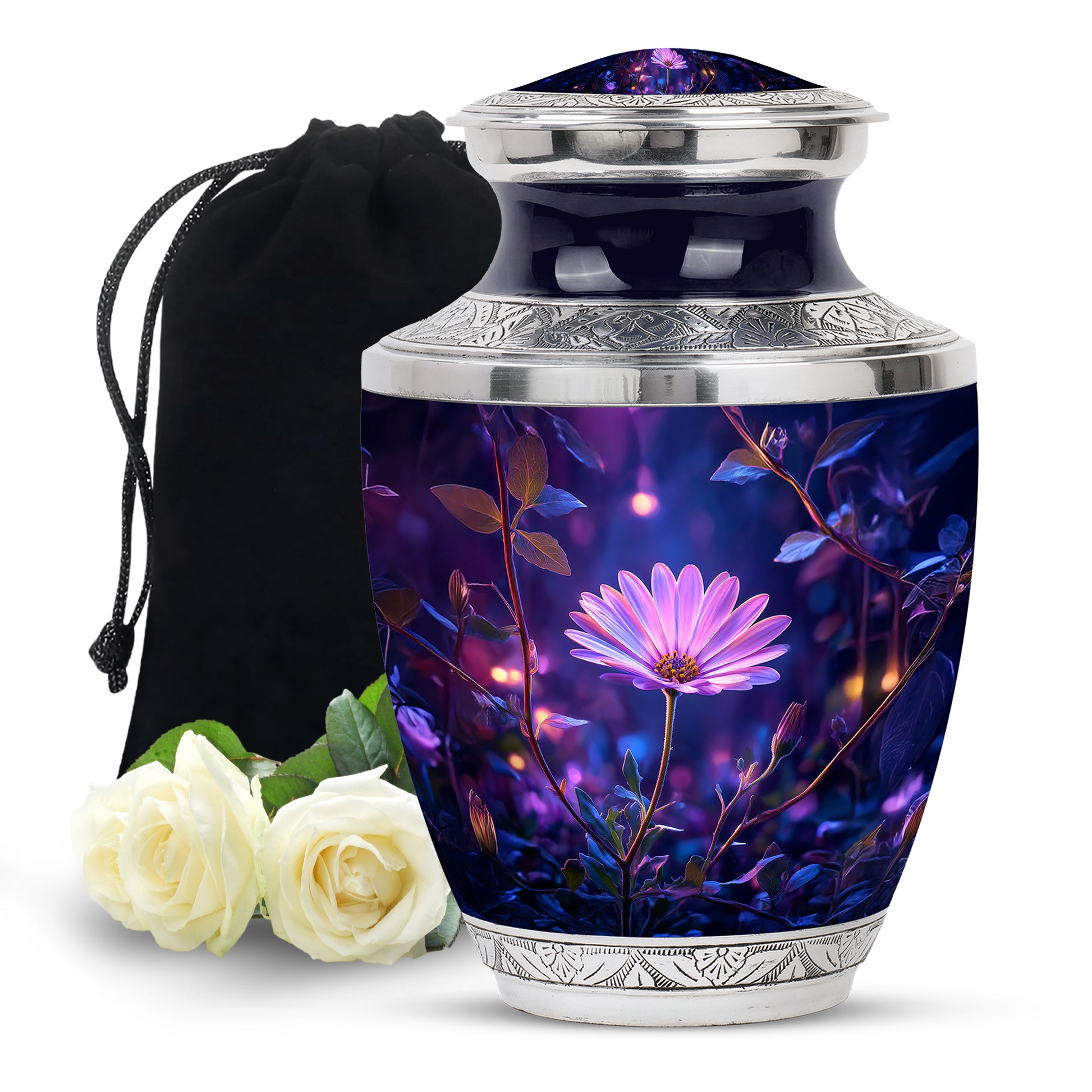 Powder Blue Daisy Cremation Urn side profile showing urn shape - contemporary daisy design with modern artistic flair - full-size 10 inch 200 cubic inch adult cremation urn