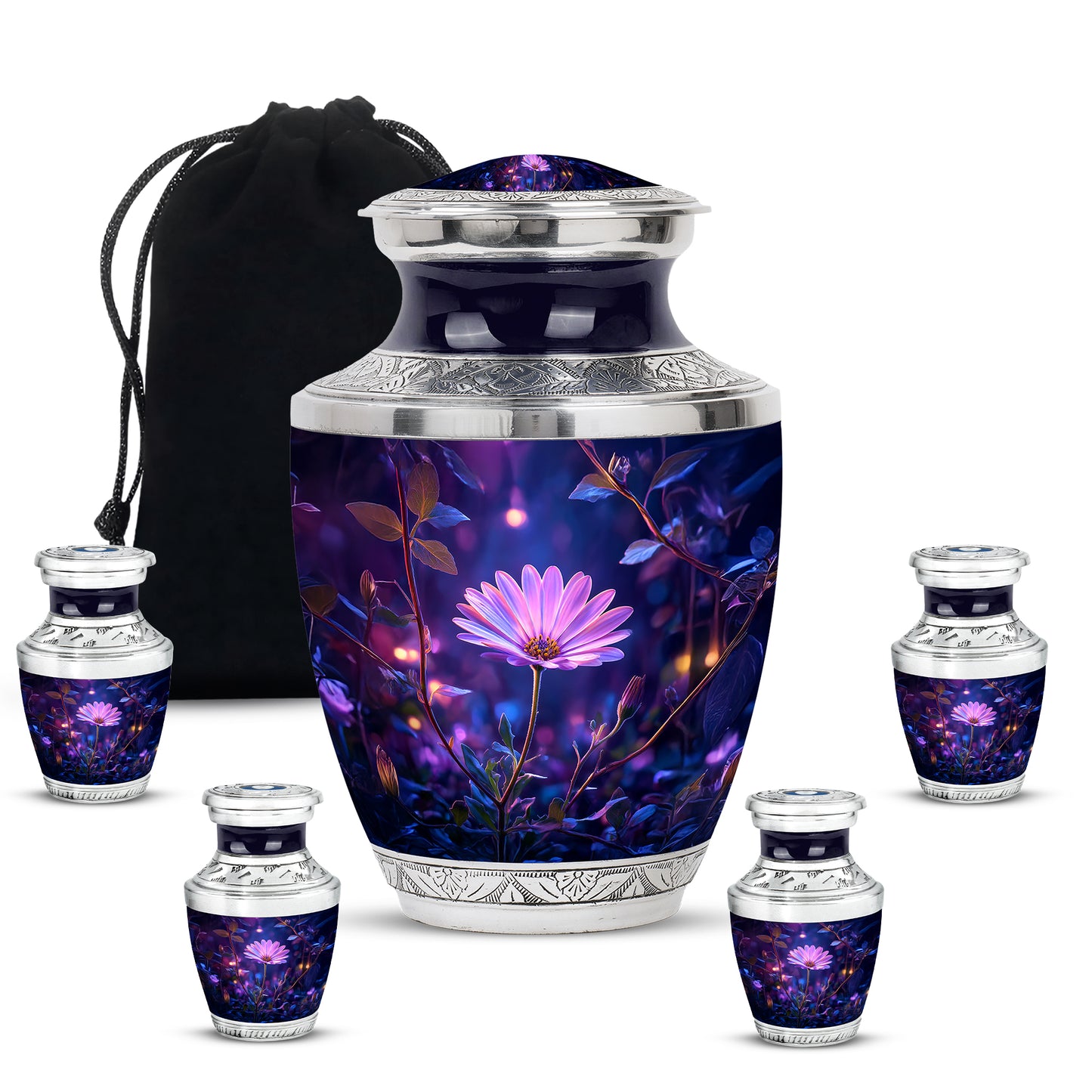 Calming Blue Daisy Cremation Urn lifestyle display on memorial shelf - stylized abstract daisy pattern with bold lines - memorial set with one large and four small urns