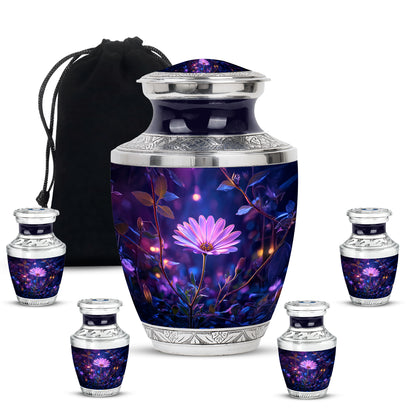 Calming Blue Daisy Cremation Urn lifestyle display on memorial shelf - stylized abstract daisy pattern with bold lines - memorial set with one large and four small urns