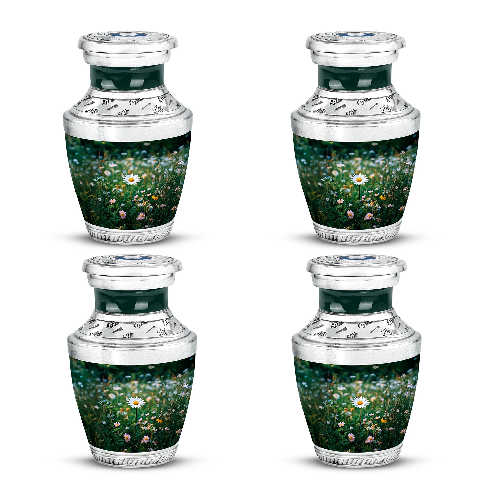 Olive Green Daisy Cremation Urn back view with polished surface - artistic daisy interpretation with creative detail - 10 inch aluminum urn for cremated remains