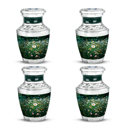 Olive Green Daisy Cremation Urn back view with polished surface - artistic daisy interpretation with creative detail - 10 inch aluminum urn for cremated remains