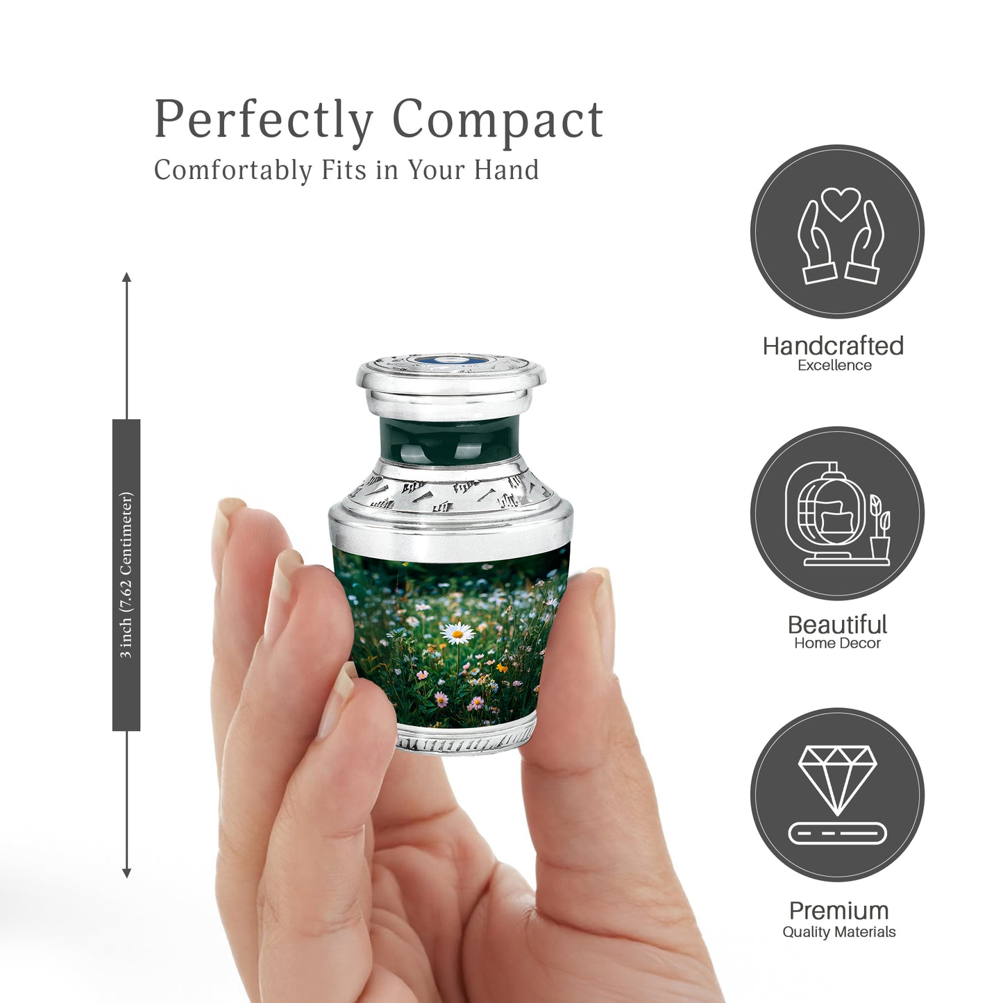 Sage Green Daisy Cremation Urn top-down view of secure threaded lid - contemporary daisy design with modern artistic flair - mini keepsake memorial for portion of cremation ashes
