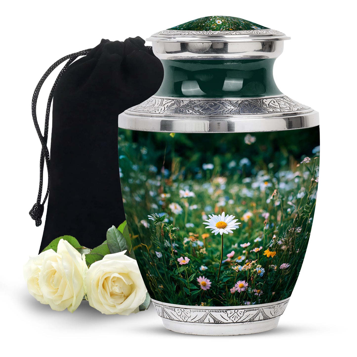 Hunter Green Daisy Cremation Urn side profile showing urn shape - stylized abstract daisy pattern with bold lines - full-size 10 inch 200 cubic inch adult cremation urn