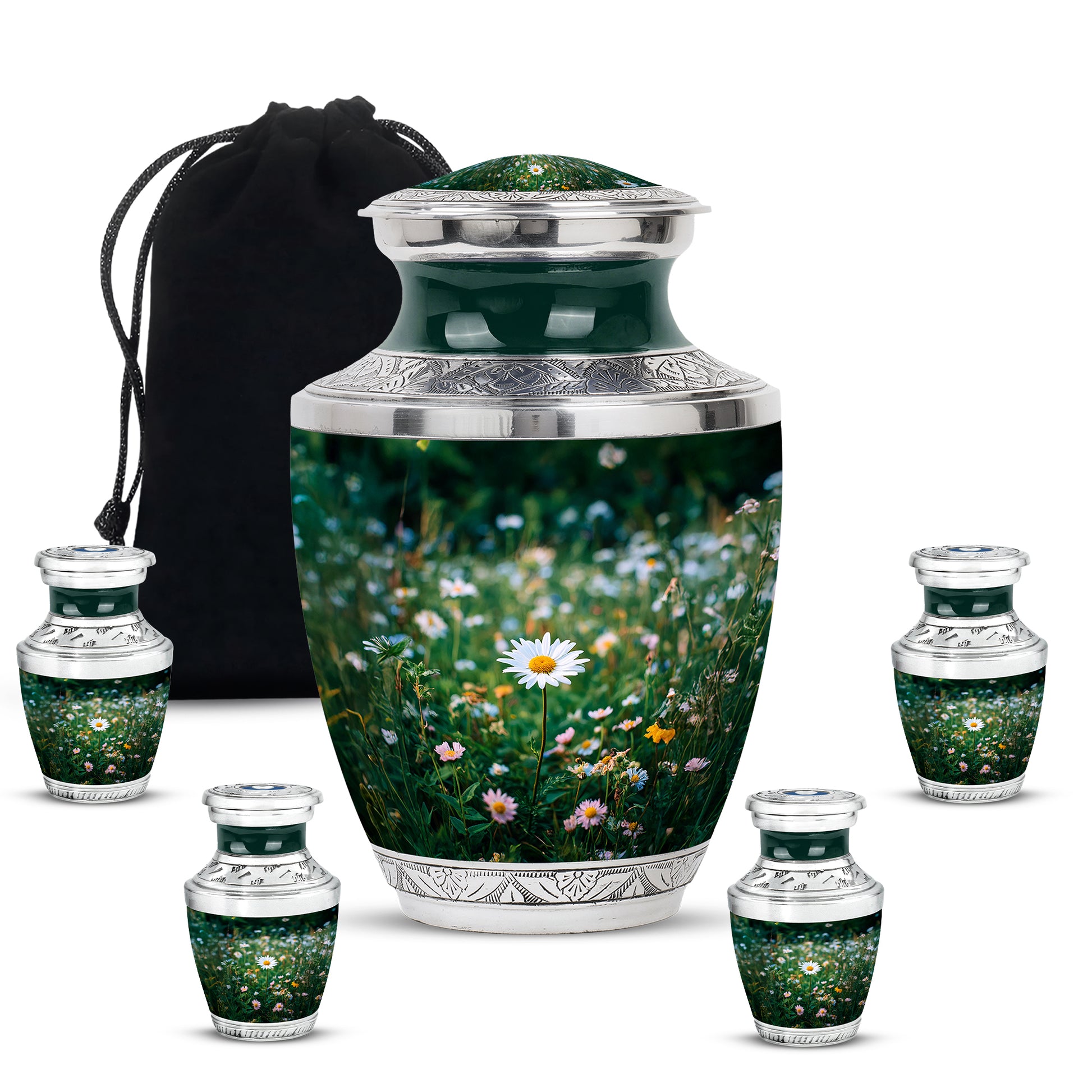 Sage Green Daisy Cremation Urn lifestyle display on memorial shelf - contemporary daisy design with modern artistic flair - memorial set with one large and four small urns