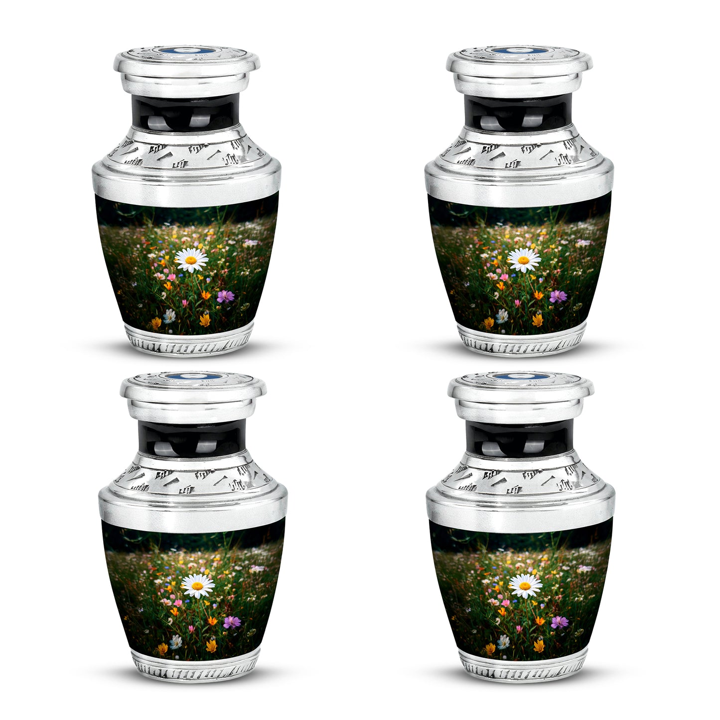 Mint Green Daisy Cremation Urn back view with polished surface - artistic daisy interpretation with creative detail - 10 inch aluminum urn for cremated remains