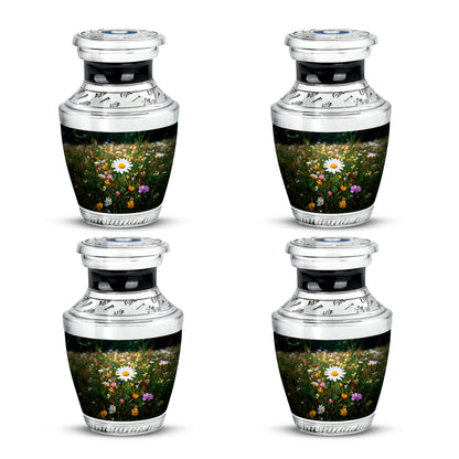 Mint Green Daisy Cremation Urn back view with polished surface - artistic daisy interpretation with creative detail - 10 inch aluminum urn for cremated remains