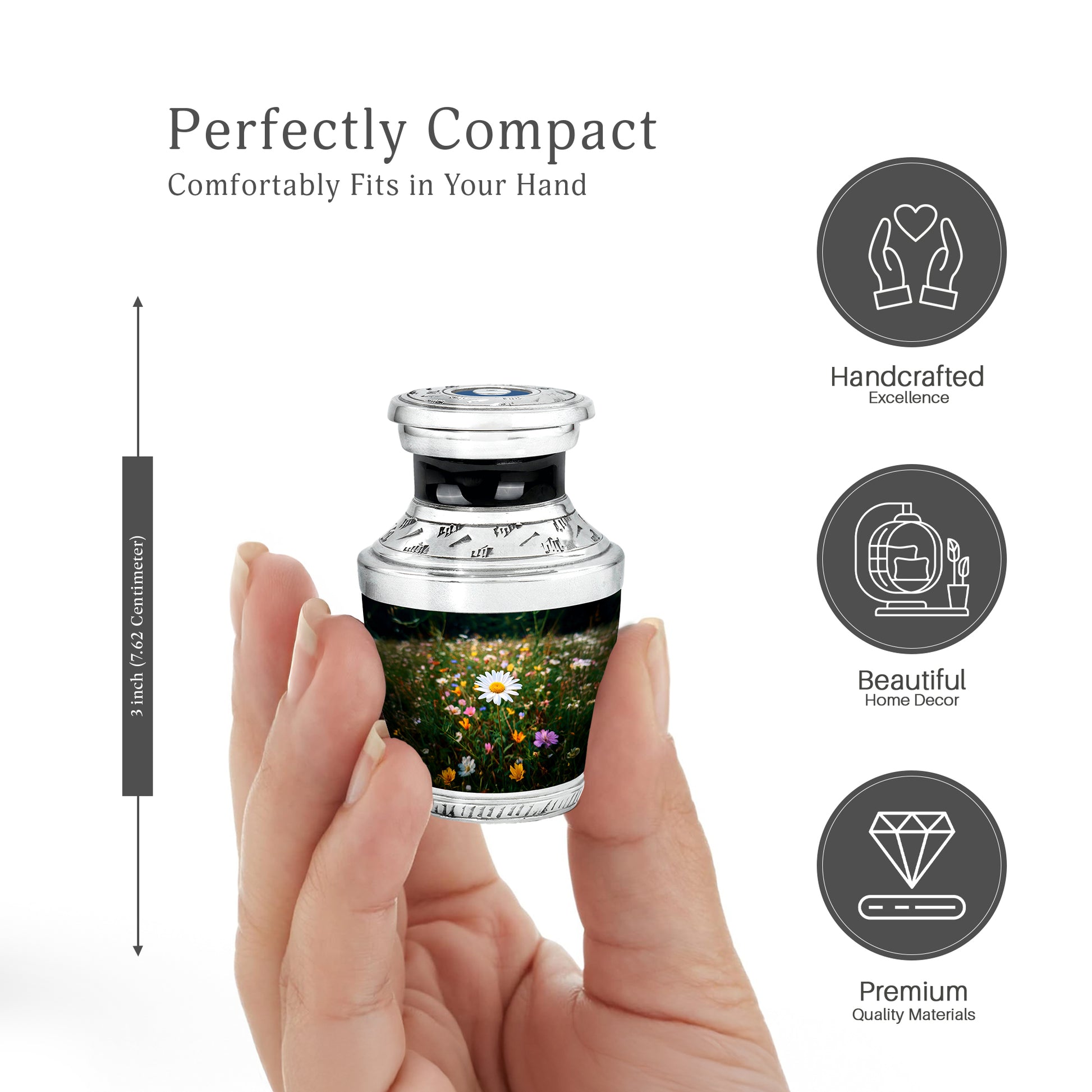 Jade Green Daisy Cremation Urn top-down view of secure threaded lid - contemporary daisy design with modern artistic flair - mini keepsake memorial for portion of cremation ashes