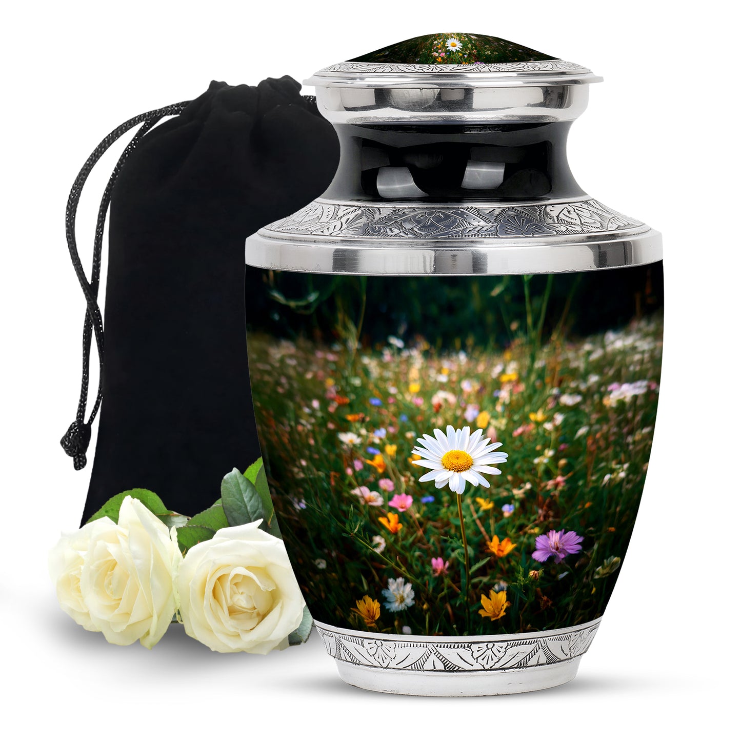 Mint Green Daisy Cremation Urn side profile showing urn shape - artistic daisy interpretation with creative detail - full-size 10 inch 200 cubic inch adult cremation urn
