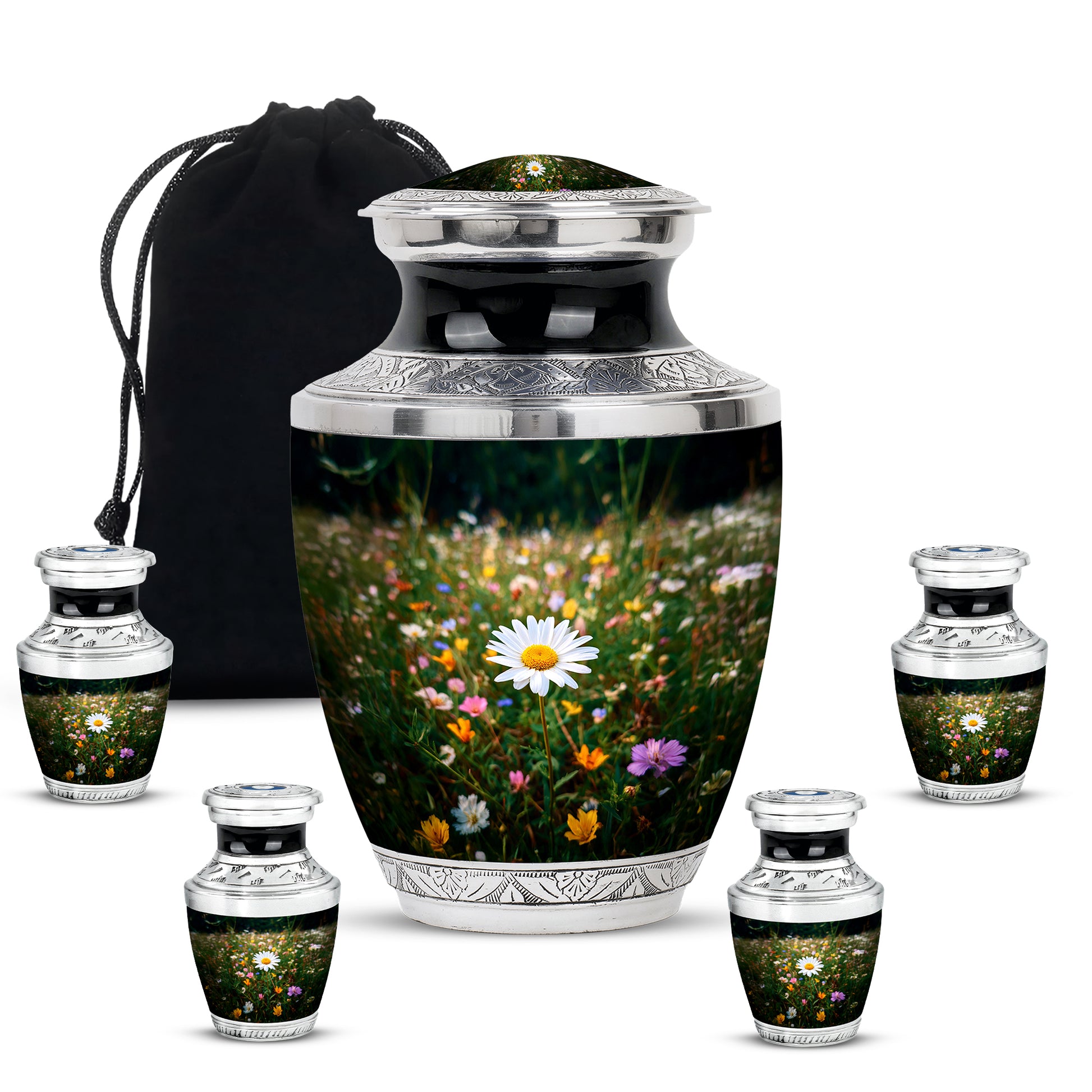 Jade Green Daisy Cremation Urn lifestyle display on memorial shelf - contemporary daisy design with modern artistic flair - memorial set with one large and four small urns