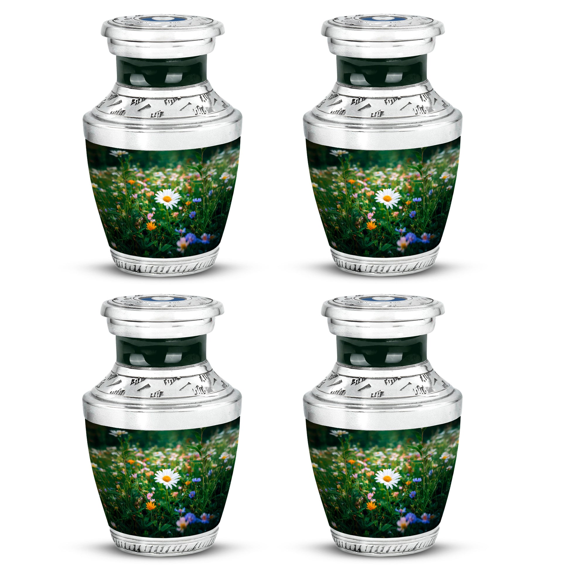 Jade Green Daisy Cremation Urn back view with polished surface - contemporary daisy design with modern artistic flair - 10 inch aluminum urn for cremated remains