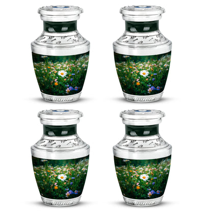 Jade Green Daisy Cremation Urn back view with polished surface - contemporary daisy design with modern artistic flair - 10 inch aluminum urn for cremated remains