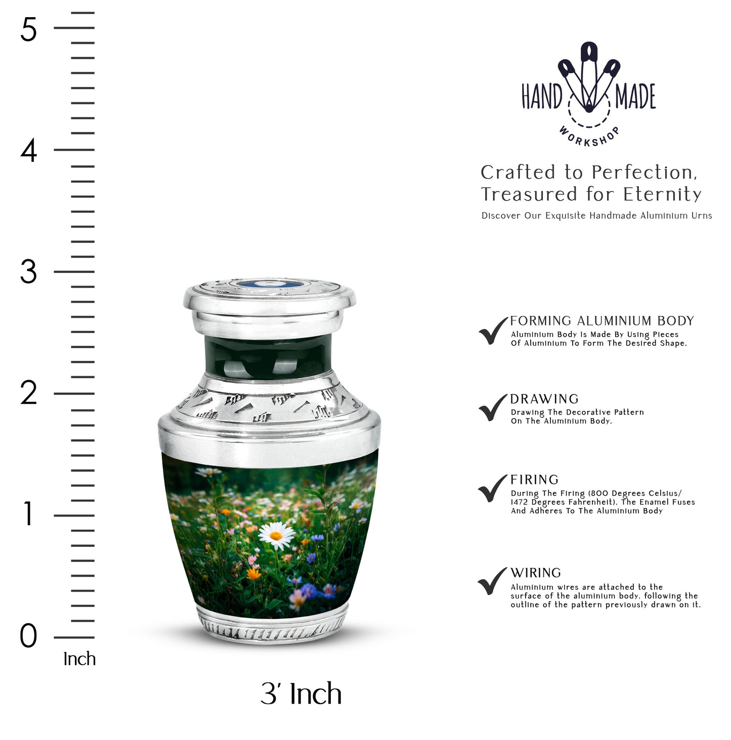 Jade Green Daisy Cremation Urn top-down view of secure threaded lid - modern art-inspired daisy motif on sleek aluminum - mini keepsake memorial for portion of cremation ashes