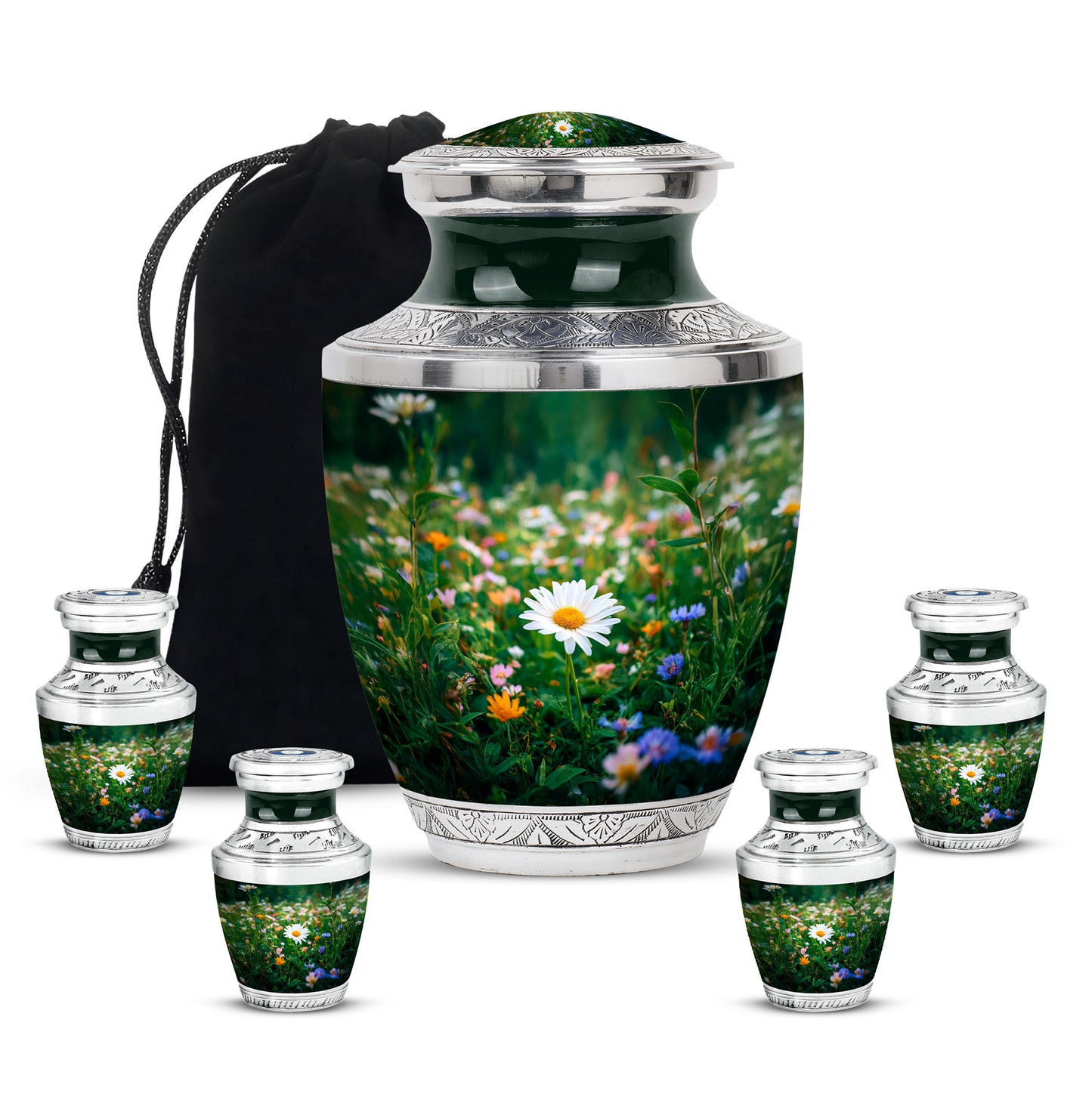 Moss Green Daisy Cremation Urn lifestyle display on memorial shelf - contemporary daisy design with modern artistic flair - memorial set with one large and four small urns
