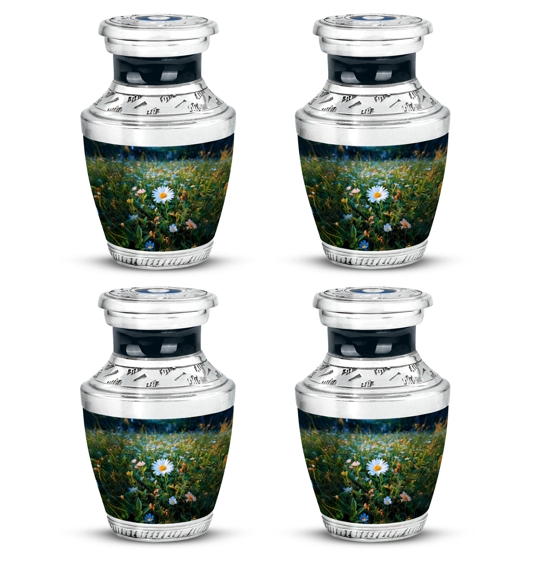 Sea Green Teal Daisy Cremation Urn back view with polished surface - modern art-inspired daisy motif on sleek aluminum - 10 inch aluminum urn for cremated remains