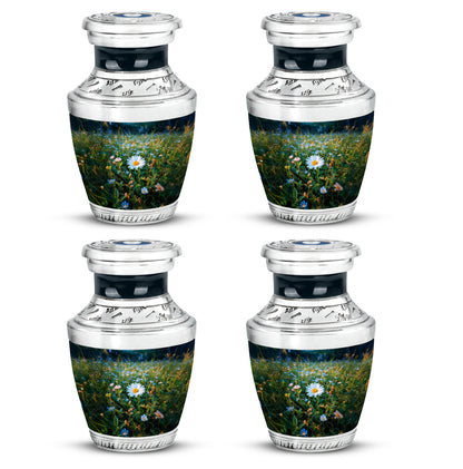 Sea Green Teal Daisy Cremation Urn back view with polished surface - modern art-inspired daisy motif on sleek aluminum - 10 inch aluminum urn for cremated remains