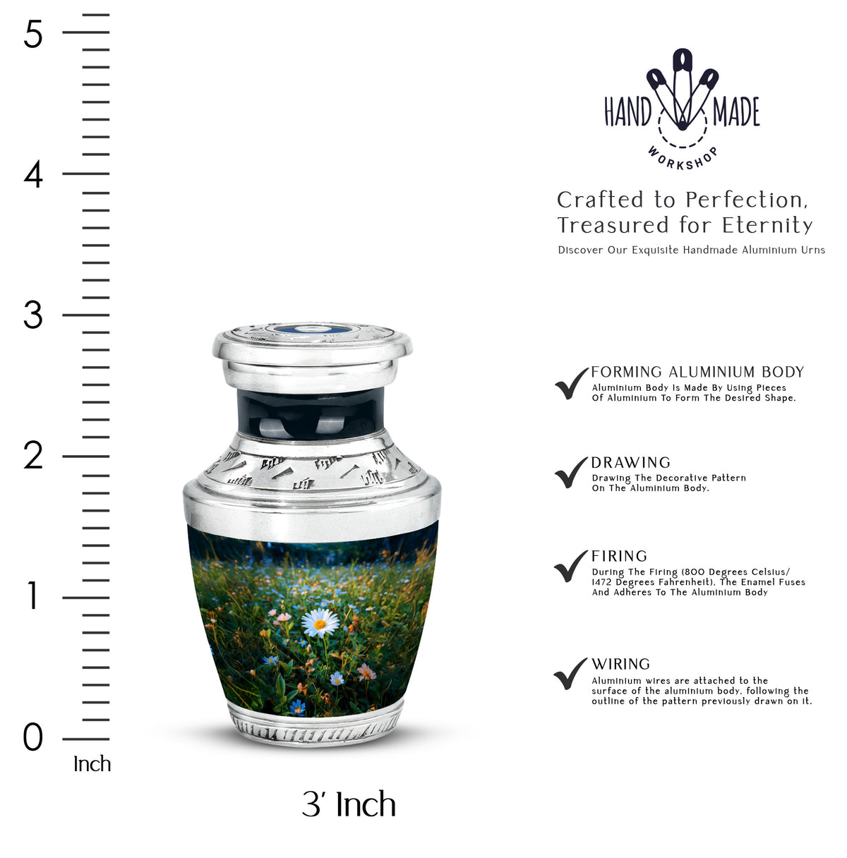 Vivid Teal Daisy Cremation Urn top-down view of secure threaded lid - stylized abstract daisy pattern with bold lines - mini keepsake memorial for portion of cremation ashes