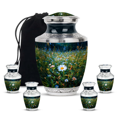 Mystic Teal Daisy Cremation Urn lifestyle display on memorial shelf - artistic daisy interpretation with creative detail - memorial set with one large and four small urns