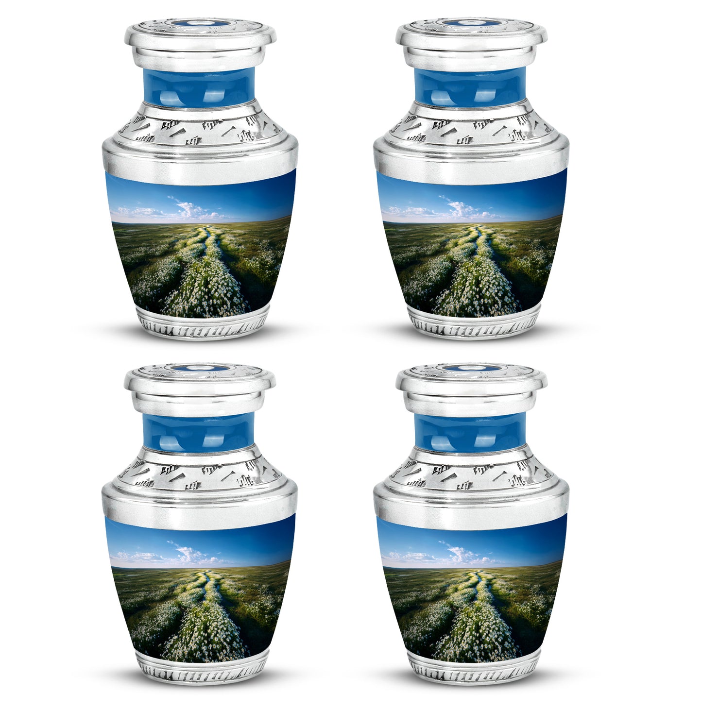 Icy Blue Daisy Cremation Urn back view with polished surface - modern art-inspired daisy motif on sleek aluminum - 10 inch aluminum urn for cremated remains