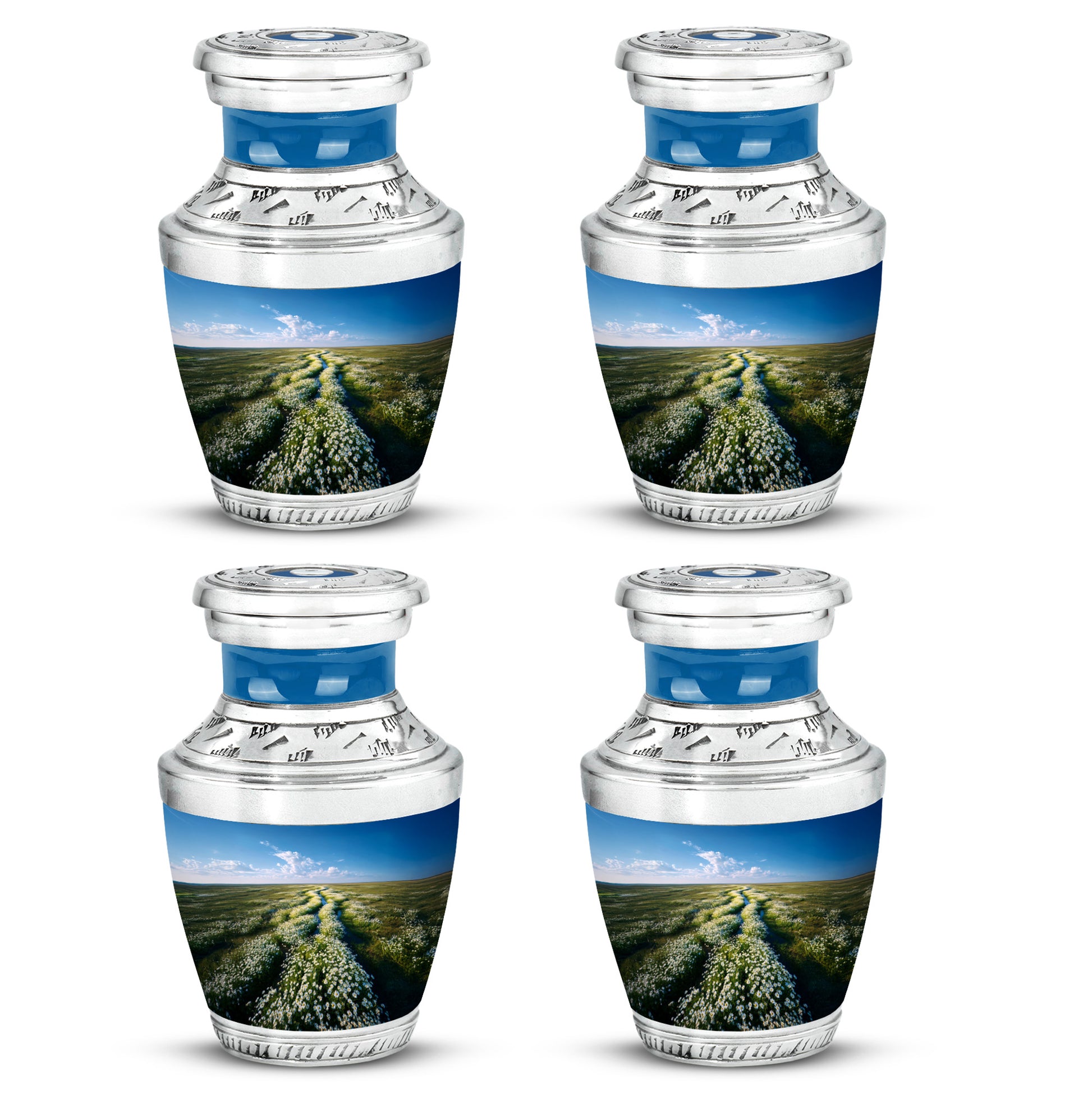 Icy Blue Daisy Cremation Urn back view with polished surface - modern art-inspired daisy motif on sleek aluminum - 10 inch aluminum urn for cremated remains