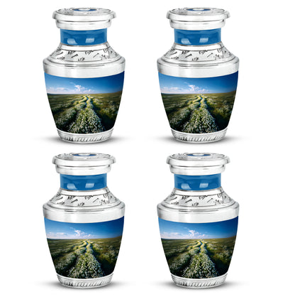 Icy Blue Daisy Cremation Urn back view with polished surface - modern art-inspired daisy motif on sleek aluminum - 10 inch aluminum urn for cremated remains