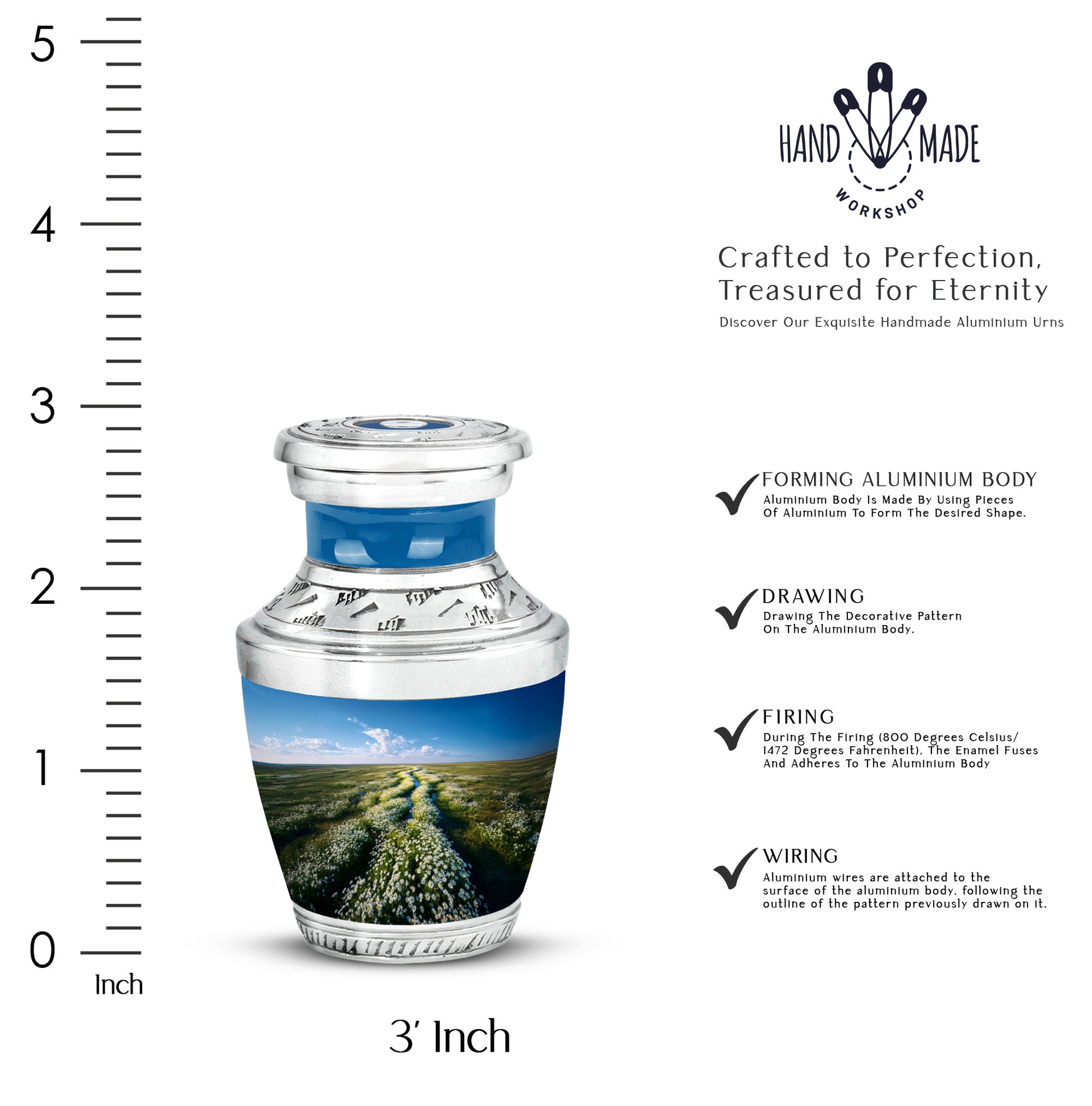 Sky Blue Daisy Cremation Urn top-down view of secure threaded lid - contemporary daisy design with modern artistic flair - mini keepsake memorial for portion of cremation ashes