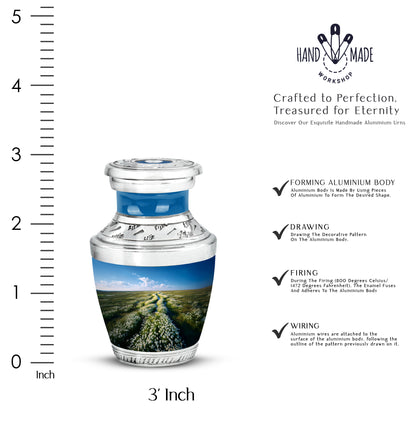 Sky Blue Daisy Cremation Urn top-down view of secure threaded lid - contemporary daisy design with modern artistic flair - mini keepsake memorial for portion of cremation ashes