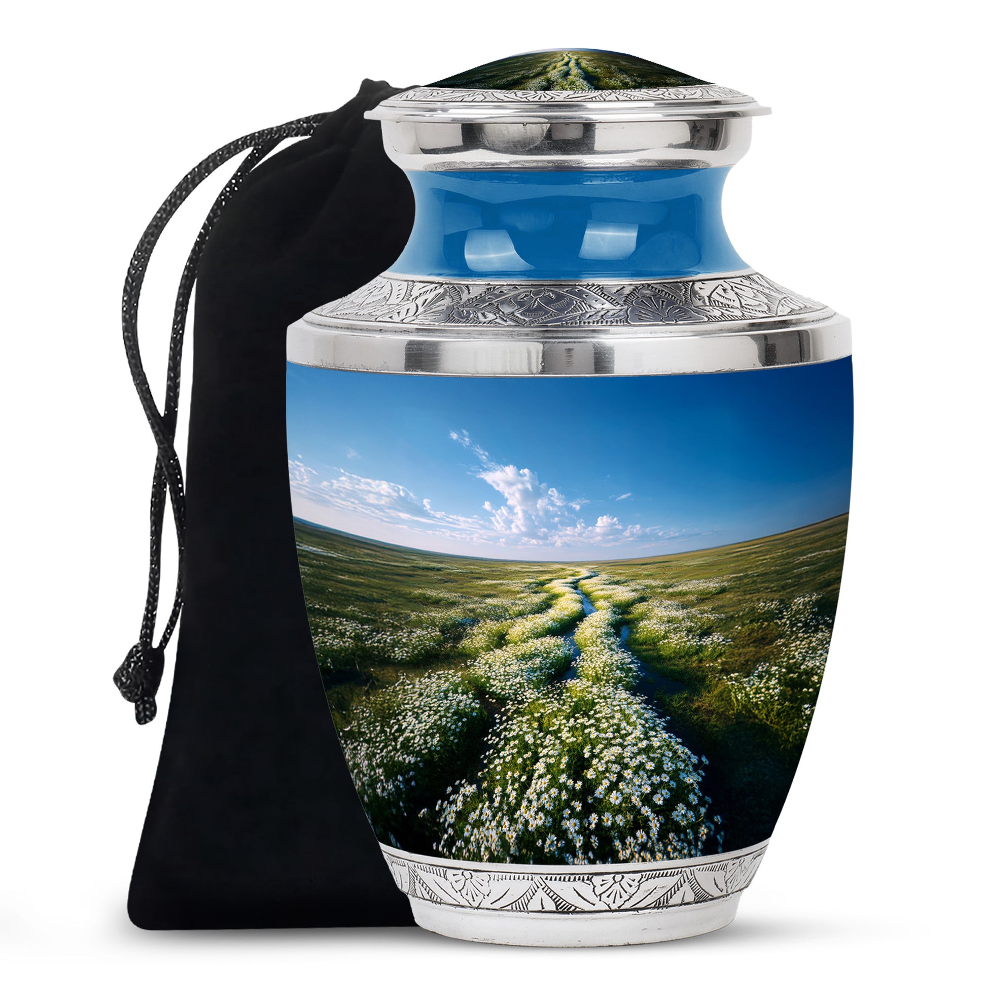 Calming Blue Daisy Cremation Urn side profile showing urn shape - artistic daisy interpretation with creative detail - full-size 10 inch 200 cubic inch adult cremation urn