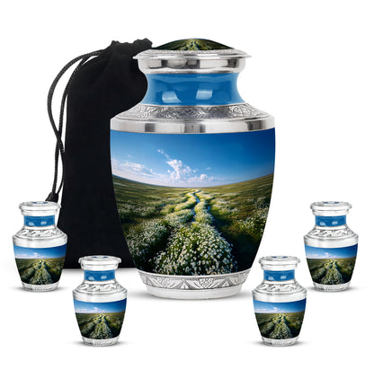 Slate Blue Daisy Cremation Urn lifestyle display on memorial shelf - contemporary daisy design with modern artistic flair - memorial set with one large and four small urns